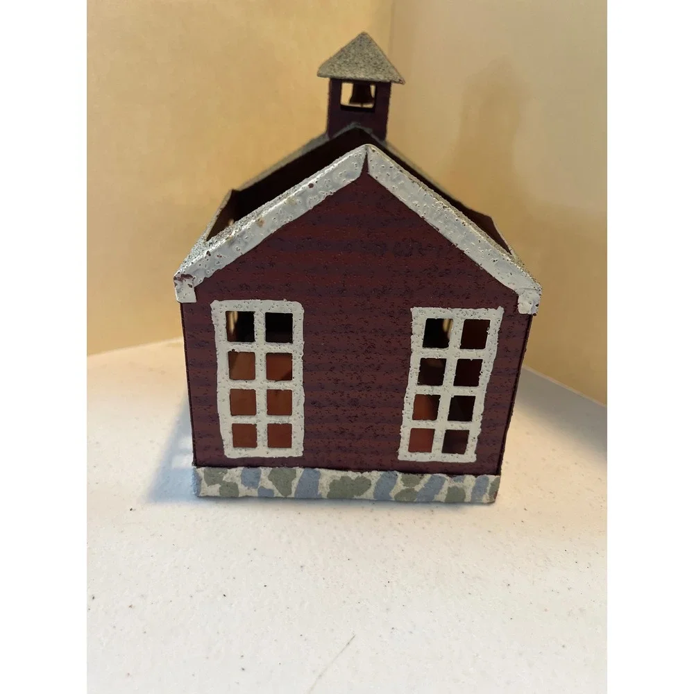 Rustic Red Metal Schoolhouse Church Candle Holder Primitive Farmhouse Decor